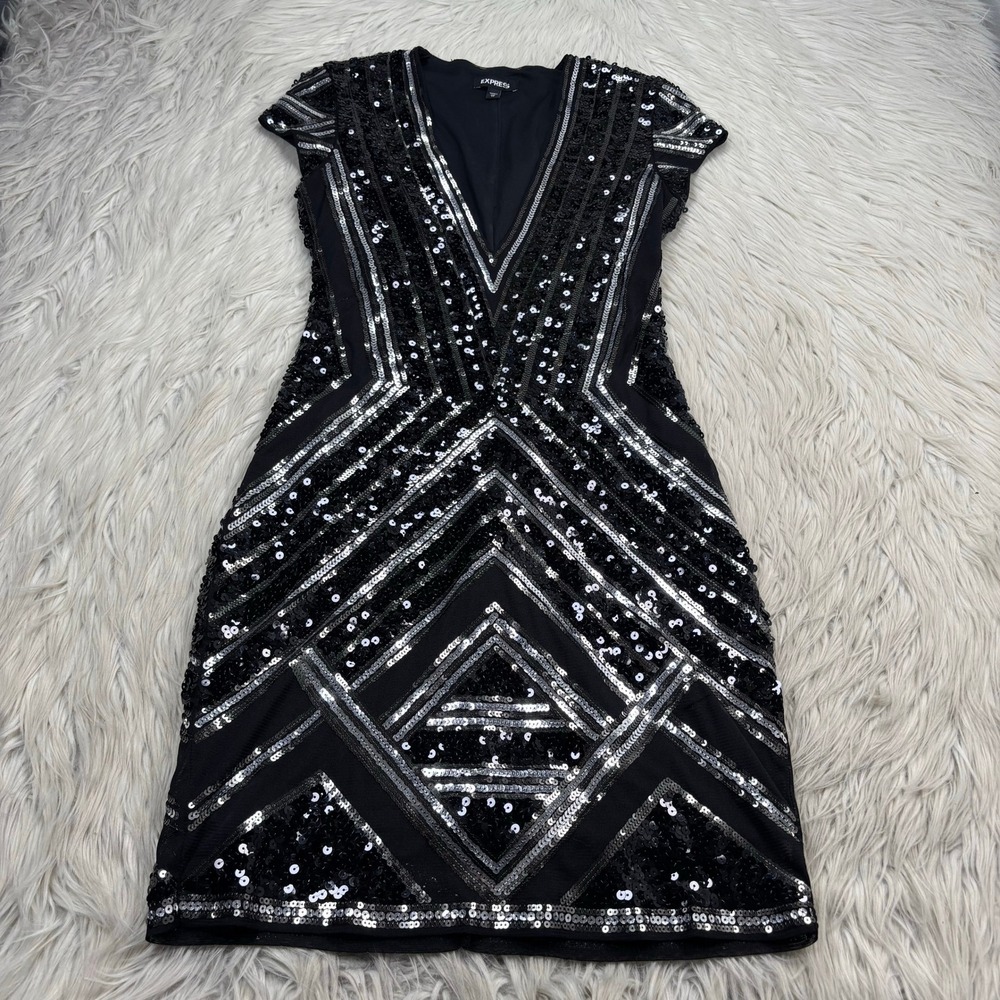 Express Women's XS Geometric Sequin Fitted Mini Dress Y2K Indie Sleaze Clubbing